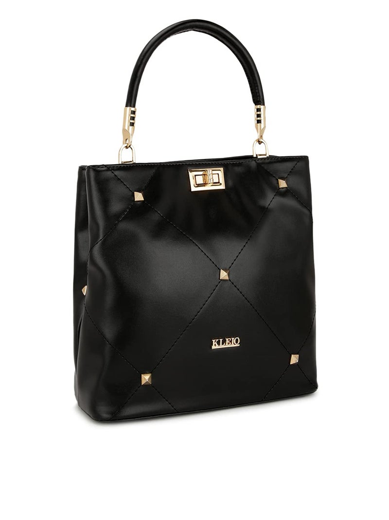 KLEIO Gold Studded Top Handle Handbag for Women - Black - Image 1